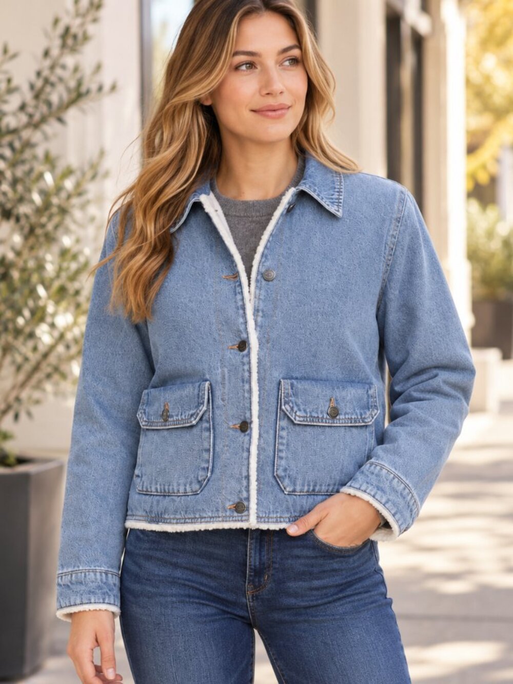 Woolrich Women’s Trucker Jacket Denim Style Utility Casual Button Front Coat Blu